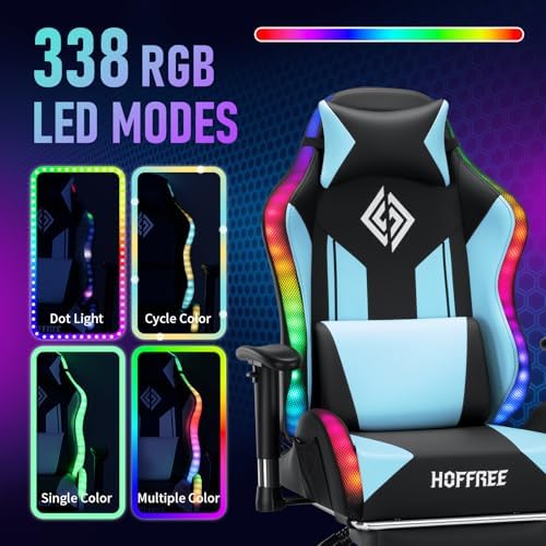 HOFFREE RGB Gaming Chair for Kids LED Computer Chair 155°Recliner-Blue