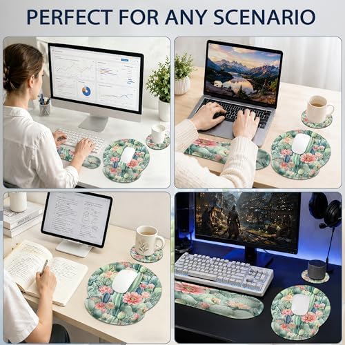 Ergonomic Keyboard and Mouse Wrist Rest Set, Cactus Flower Succulent Plant Mouse Pad with Non Slip Base, Soft Cloth Surface for Office and Home Typing Support