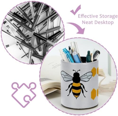 Leather Pen Holder for Desk, Cartoon Bee Pencil Cup Pen Organizer Makeup Brush Holder for Office Home Kids Countertop Desk Accessory Storage