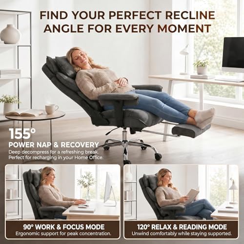 mokodo Big and Tall Office Chair 400lbs, Breathable Fabric Executive Desk Chair with Pocket Spring Cushion, 155° Reclining Computer Chair with Integrated Headrest & Lumbar Pillow (Dark Grey)