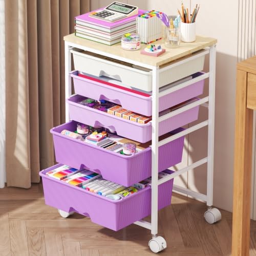 Goovilla Rolling Cart with 5 Drawers for Craft, Art, Dorm, Office, Purple