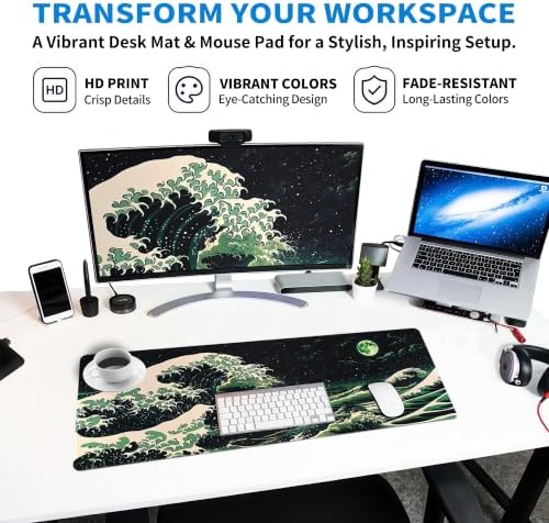 Extended Japanese Great Wave Desk Mat, XL Large Gaming Mouse Pad, Moonlit Ocean Stitched Edges Waterproof with Non-Slip Rubber Base for Computer Keyboard Laptop Work Home Office 31.5"x11.8"