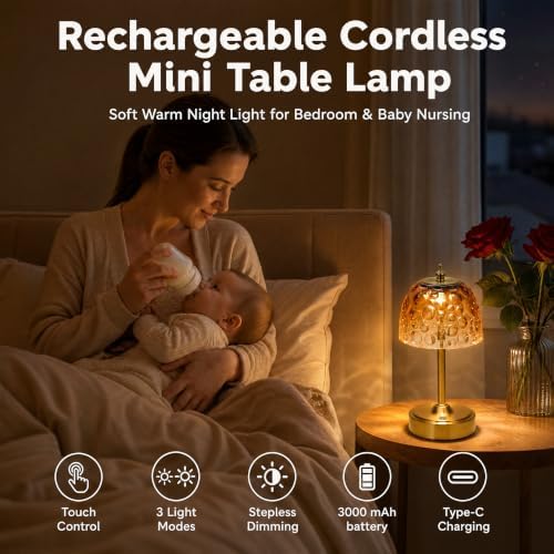 Mini Rechargeable Cordless Touch Table Lamp, Battery Powered, Amber Bubble Glass Shade, 2600mAh, 3 Color Temperatures, Stepless Dimming, for Bedside Dresser Bookshelf