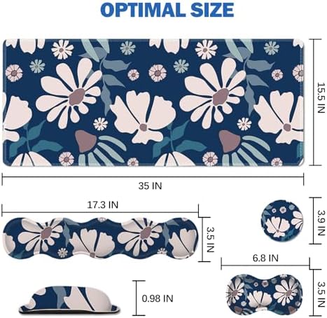ARTSO Keyboard Mouse Pad Set, Blue Flower Large Gaming Mousepad +Keyboard Wrist Rest +Mouse Wrist Rest +Coaster, Ergonomic Mousepad Memory Foam Cushion for Home Office