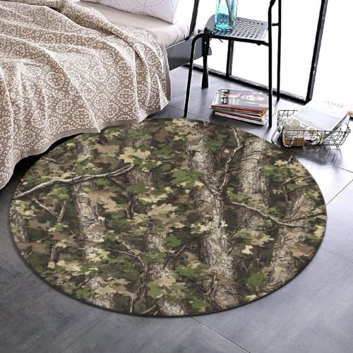 Large Machine Washable Circular Rugs, Home Decor Round Mat for Living Room Sofa Office Hunting Camo Tree Camouflage