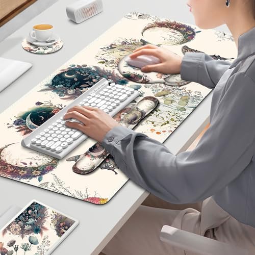 Large Desk Mat, Cute Boho Plants Mouse Pad, Apricot Desk Pad, XXL Mousepad