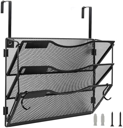 BOHDK Wall File Organizer 3 Pockets, Mail Organizer, Hanging Folder Holder, Foldable | Hanging or Wall Mounted | Label Panel | 2 Hooks | Office Home School Organizer, Black