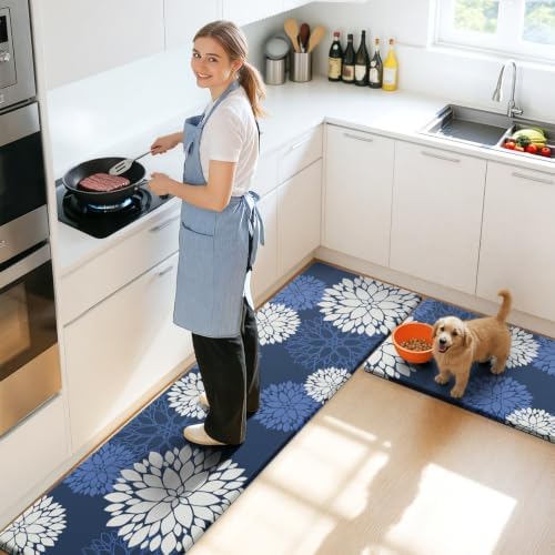 Kitchen Mats 2 Piece Set, Anti Fatigue Non Slip Cushioned Floor Rugs, Blue