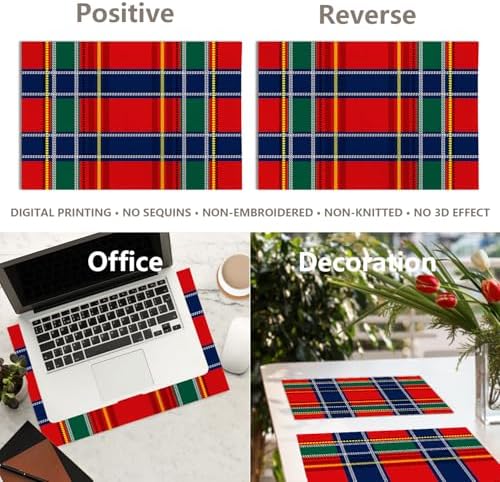 Royal Stewart Tartan Linen Placemats, Classic Red Scottish Plaid Green Table Mats for Table Washable Heat Insulation Thick Dining Mat, Indoor/Outdoor 12X18 in 4 Pcs