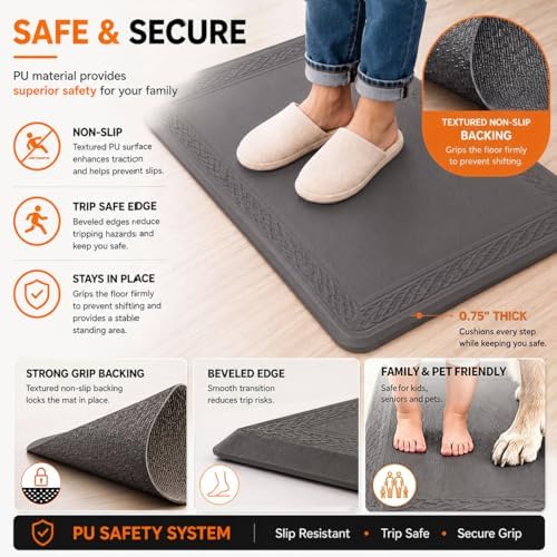 24 x 60 Inch Extra Support Anti Fatigue Comfort Kitchen Mat, Waterproof Long Kitchen Runner, Non-Slip Standing Desk Mat, Commercial Pads for Offices, Home, Garages (Bordeaux Grey, 24'' x 60'')