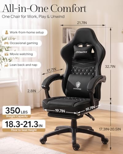 Dowinx Gaming Chair Breathable Fabric Game Chair with Gel Pad and Storage Bag, Comfortable Gamer Chair with Pocket Spring Cushion, Ergonomic Computer Chair with Footrest, Black