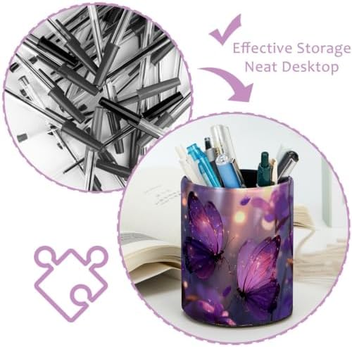 Leather Pen Holder for Desk, Purple Butterfly Pencil Cup Pen Organizer Makeup Brush Holder for Office Home Kids Countertop Desk Accessory Storage