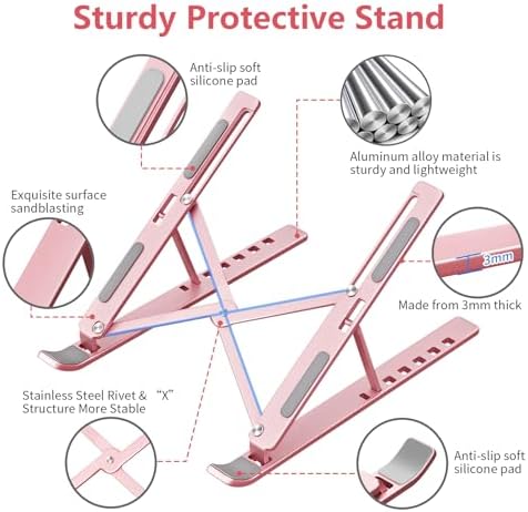 Laptop Stand for Desk, Aluminum Metal MacBook Stand，Computer Riser for Desk, Portable Foldable Adjustable Notebook Holder, Compatible with 10-15.6 Inch Laptops, iPad, Rose Gold.