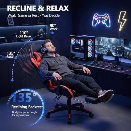 Mr IRONSTONE Red Gaming Chair with Footrest, Ergonomic High Back Gamer Chair with Massage Lumbar Support, Reclining Video Game Chair with Adjustable Headrest, Swivel Computer Desk Chair