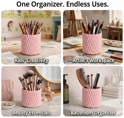 Pink Pen Holder for Desk, 360° Rotating Pencil Organizer, 5 Slots