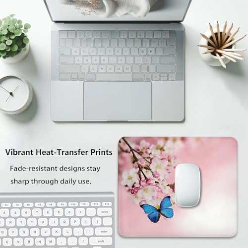 Pink Cherry Blossom & Blue Butterfly Mouse Pad, Japanese Sakura Desk Mat