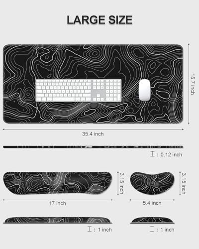 Auhoahsil Large Mouse Pad with Wrist Rests for Keyboard & Mouse, Thick Soft Ergonomic Memory Foam Wrist Supports, Big & Long Desk Mat 35.5 x 15.7 in, for Office Gaming Computer, Black Contour