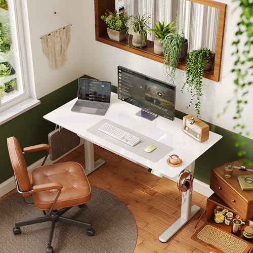 INNOVAR Glass Standing Desk with Drawers 55 x 27.6 Inch Super White