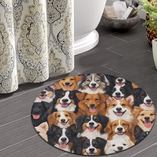 Large Home Decor Mat, Soft Round Yoga Carpet, Non Slip Machine Washable Home Office Circle Rug Cute Dogs Puppy