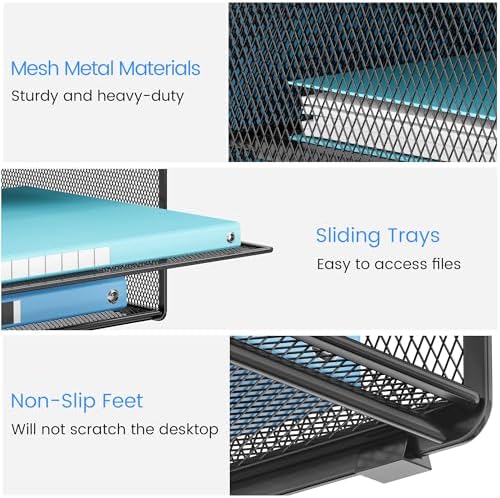 Lavatino Desk Organizer - Metal Mesh with 2 Paper Letter Trays, 7 Flexible Dividers, 2 Vertical File Holders for Office/Home/Classroom Supplies, Desk Organizers and Accessories, Black