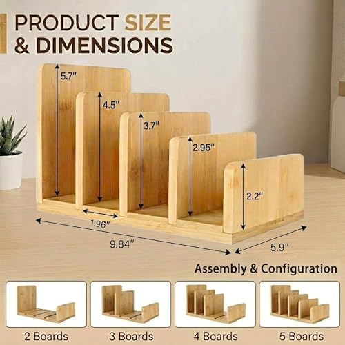 Natural Bamboo Cookbook Organizer Stand, 4 Slots Vertical Book Rack for Kitchen Countertop,Sturdy Recipe Book Holder & Binder Organizer,Easy to Assemble Cookbook Storage for Desk,Living Room