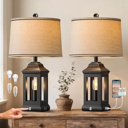 24" Rustic Farmhouse Table Lamps for Living Room Set of 2, Touch Dimmable Nightlight Vintage Bedside Lamps with USB A+C Ports & Dual Light Sources for Bedroom Nightstand End Table, Matte Black