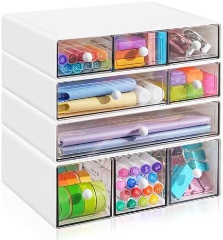 Desk Organizer with 9 Drawers, 4 Tiers Stackable Storage Drawers, Desktop Storage Box with Clear Drawers for Stationery, Makeup, Jewelry, Office and Craft Supplies (White)