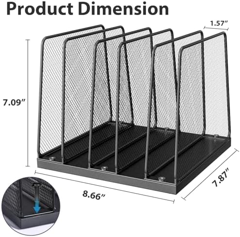LEKETREE Desk File Organizer, 5-Section Upright File Sorter, Vertical File Folder Holder, Mesh Metal Wood Office Desktop Organization for Document, Magazine, Books and more (Black)