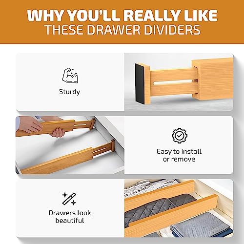 Bambüsi 4-Pack Drawer Divider - 2.6" High, 16" to 22" Adjustable Bamboo Drawer Organizers for Clothes, Expandable Dresser Separators in Bedroom/Bathroom/Kitchen/Office Organization and Storage
