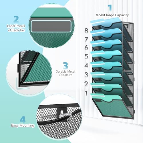 Gawerk 8-Tier Wall File Organizer Hanging Wall File Holder Wall Mount Paper Folder Organize, Mesh Magazine Document Mail Organizer Wall Organizer for Office School Home, Black