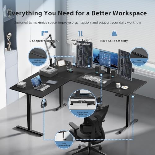 63 Inch L Shaped Electric Standing Desk, Corner Workstation, Black