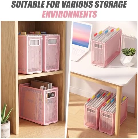 Zhengmy 3 Pcs Hanging File Organizer Letter Size File Holder Metal Mesh Filing Box Desktop Folder Letter Storage Cabinets Magazine Holder with Handles for Home Office School Document (Pink)