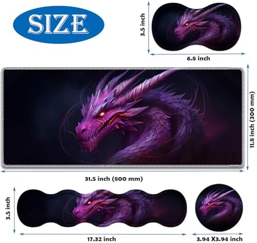 4 in 1 Mouse Pad Combo, Large Gaming Mouse Pad + Keyboard Wrist Support + Mouse Wrist Rest + Coaster, Table Pad 31.5 "x 11.8" with Memory Foam Ergonomic Wrist Pad Set, Flame Eyes Purple Dragon