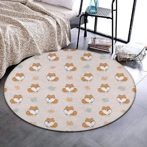 Room Sofa Yoga Soft Round Carpet, Home Decor Non Slip Kitchen Office Circle Rug, Machine Washable Modern Round Area Rug Cute Pomeranian Dog