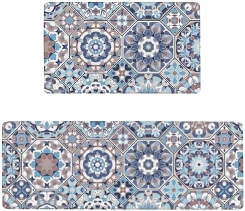 Farmhouse Boho Anti Fatigue Kitchen Mats, 17.3"x47"+17.3"x29", Blue