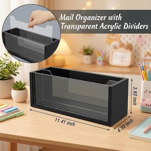 Black Mail Organizer for Desk,Acrylic Letter Holder with Adjustable Divider