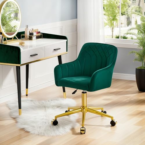 VECELO Modern Velvet Swivel Home Office Desk Chair with Back & Rolling Wheels, Adjustable Seat Height for Girls Women Bed Room Vanity Makeup/Task/Computer Work, Green