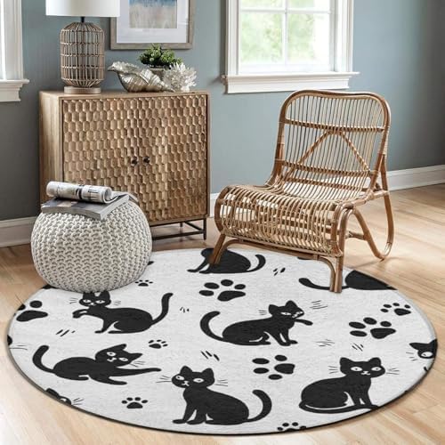 Soft Round Yoga Carpet, Office Chair Decor Round Mat for Carpet and Hardwood Floors Black Cat Paw Print