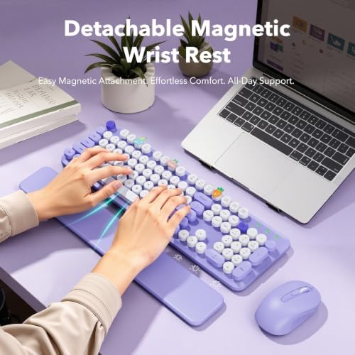 Wireless Keyboard and Mouse, Round Keycaps, Magnetic Wrist Rest, Purple
