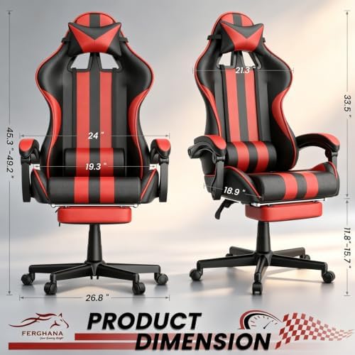 Ferghana Red Gaming Chair, Ergonomic Racing Style Computer Chair with Footrest, Adjustable Reclining, Lumbar and Head Support, PU Leather Gamer Chair