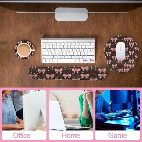Cute Pink Bows Keyboard Wrist Rest Pad Mouse Pad Set,Ergonomic Mousepad Wrist Support Memory Foam Desk Pad for Gaming Office,Non-Slip Rubber Base Easy Typing for Home Office Computers