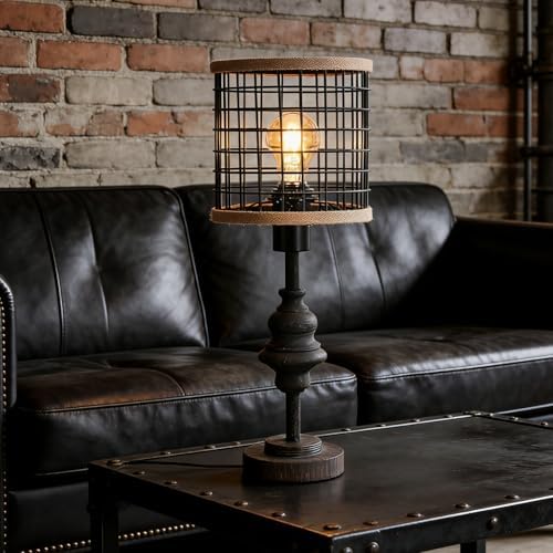 Black Industrial Metal Mesh Table Lamp, 20" Tall Farmhouse Bedside Lamp with Burlap Trim, 5ft Brown Cord & Rotary Switch, E26 Bakelite Socket for Bedroom Living Room