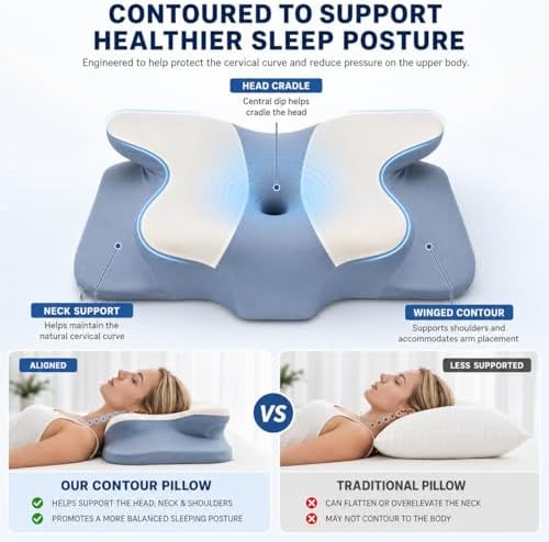 Ergonomic Cervical Memory Foam Pillow for Neck and Shoulder Support, Contour Butterfly Bed Pillow with Breathable Cover, Neck Support Pillow for Side Back and Stomach Sleepers (Blue)
