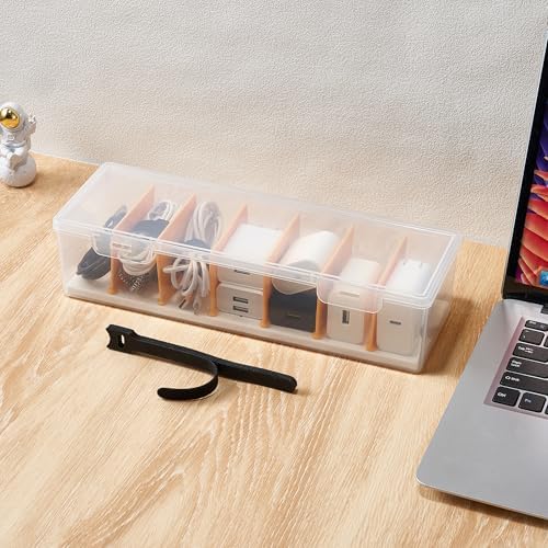Cable Organizer Storage Box with 8 Cable Ties, Clear Phone Charger Organizer Case Wire Organizers for Cords Electronic Storage Box for Drawer Desk Office Home (1 Pack)