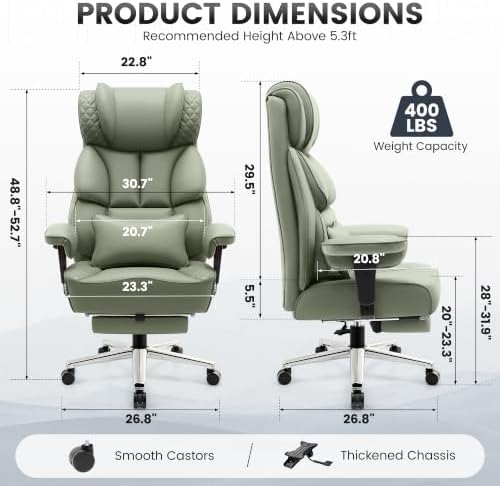 BestGlory Office Desk Chair, Big and Tall Leather Gaming Chair with Footrest, Wide Ergonomic Comfy Executive High-Back Reclining Computer Chairs, Swivel Rolling Wheels and Padded Lumbar Support, Green
