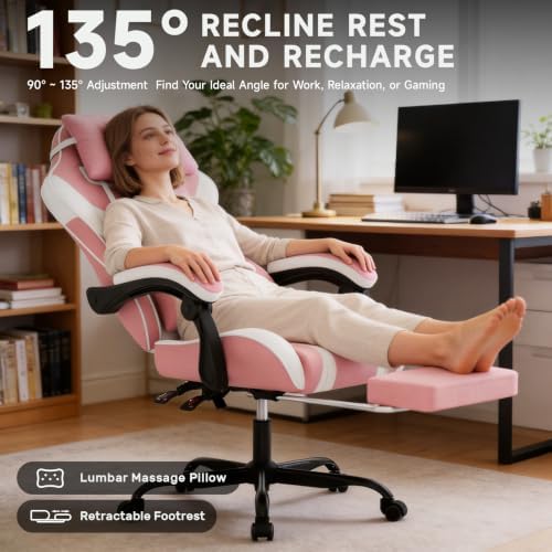Ergonomic Gaming Chair,A Versatile 3-in-1 Video Game Chair for Work, Study, and Gaming,Features an Adjustable Backrest, Footrest, and Linked Armrests Office Chair for Adults,Pinkwhite