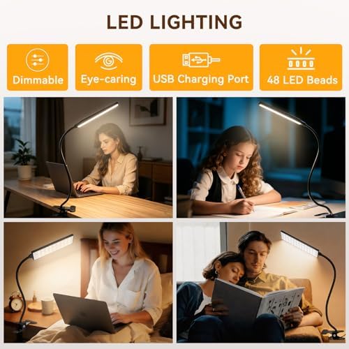 Clip‑On Desk Lamp, USB Powered Book Light, 5W LED Reading Lamp