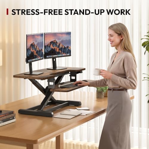 SANODESK Standing Desk Converter with Electric Motor 40" Height Adjustable Riser for Office Home,Dual Monitor and Laptop Workstation with Large Keyboard Tray, Rustic Color