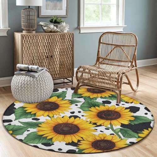 Room Sofa Yoga Soft Round Carpet, Home Decor Non Slip Kitchen Office Circle Rug, Machine Washable Modern Round Area Rug 80s Vintage Sunflower Cow Print, 36inch