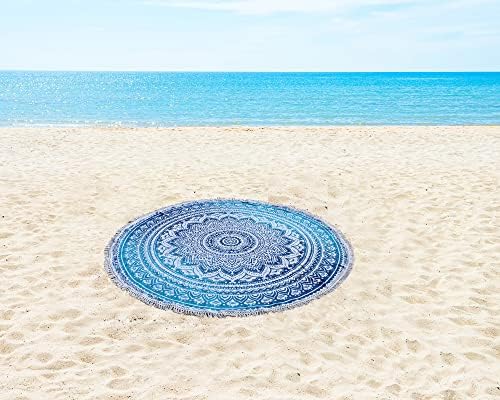 Round Beach Tapestry Turquoise Mandala Throw/Boho Hippie Beach Blanket Roundie/Indian Cotton Bohemian Large Round Table Cloth-Home Decor/Yoga Mat Meditation Picnic Rug (42", Blue and White)